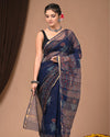 Indiehaat | Blockprinted Kota Doria Blue Saree | Elegant