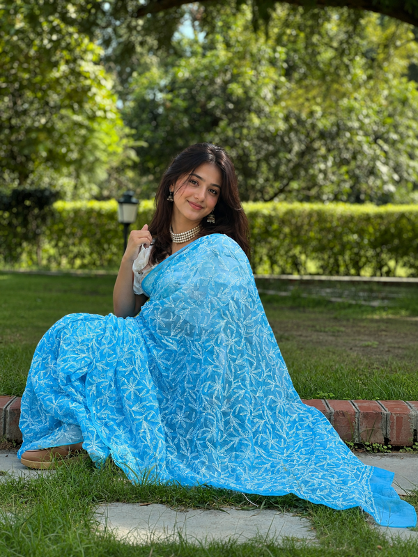 Georgette HandCrafted Tepchi work Blue Saree with Running Blouse-Indiehaat