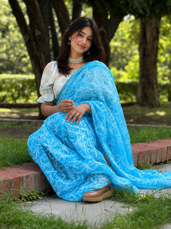 Georgette HandCrafted Tepchi work Blue Saree with Running Blouse-Indiehaat