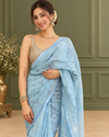 Pure Linen Embroidered Handloom Light Blue Saree with Running Blouse-Indiehaat