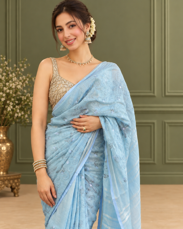 Pure Linen Embroidered Handloom Light Blue Saree with Running Blouse-Indiehaat