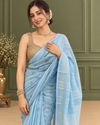 Pure Linen Embroidered Handloom Light Blue Saree with Running Blouse-Indiehaat