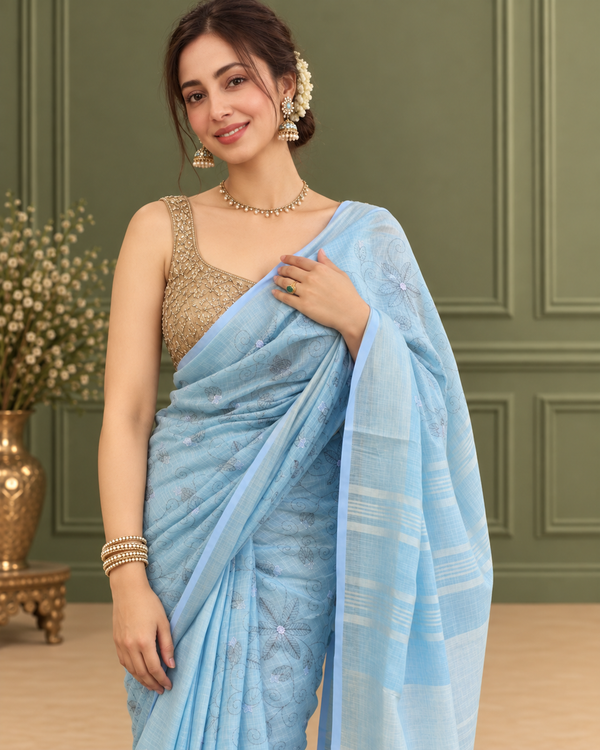 Pure Linen Embroidered Handloom Light Blue Saree with Running Blouse-Indiehaat