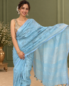 Pure Linen Embroidered Handloom Light Blue Saree with Running Blouse-Indiehaat