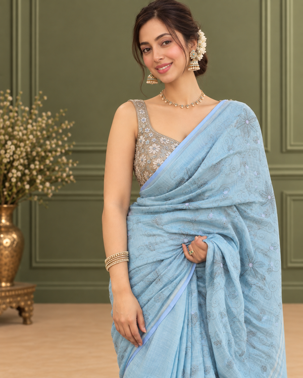 Pure Linen Embroidered Handloom Light Blue Saree with Running Blouse-Indiehaat