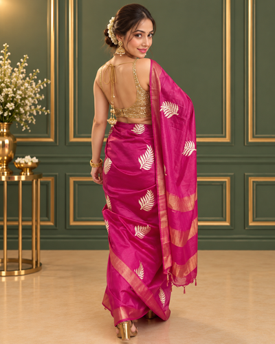 Silkmark Certified Moonga Tussar Silk Saree Purple Color Embroidered with Running Blouse-Indiehaat