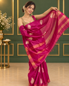 Silkmark Certified Moonga Tussar Silk Saree Purple Color Embroidered with Running Blouse-Indiehaat