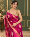 Silkmark Certified Moonga Tussar Silk Saree Purple Color Embroidered with Running Blouse-Indiehaat