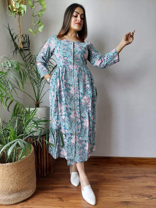 Indiehaat | Cotton Long One Piece Dress  Color Bagru Hand Printed Size 36 to 46