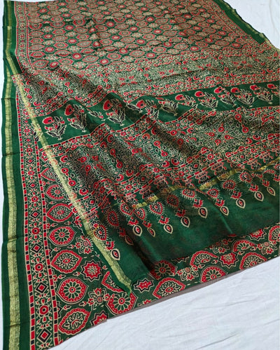 Indiehaat | Chanderi Silk Ajrakh Print Saree Green