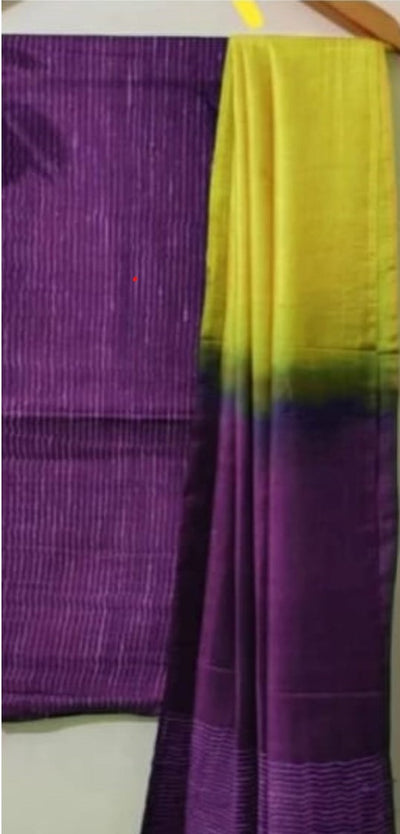 Handdyed Katan Silk Yellow & Voilet Contrast Suit