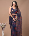 Indiehaat | Blockprinted Kota Doria Blue Saree | Elegant