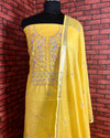 Indiehaat | Gulmohar Slub Linen Yellow Unstiched Embroidered Suit