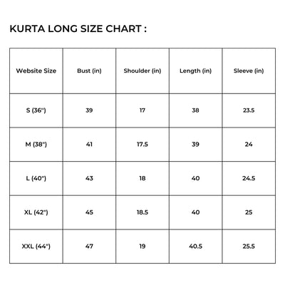 Size chart for IndieHaat products - Men's Kurta