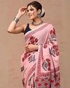 Indiehaat | Pure Mulmul Cotton Saree Light Pink Color handblock printed with Running Blouse