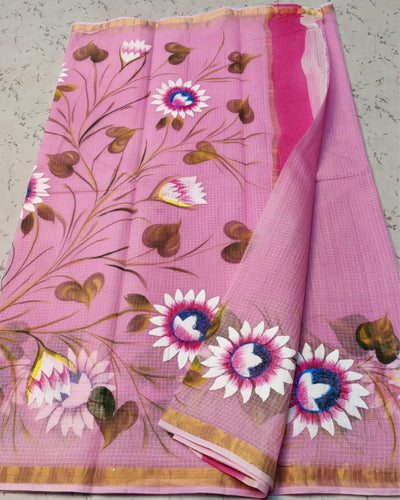 Indiehaat | Kota Cotton Hand Brush Print Pink Saree