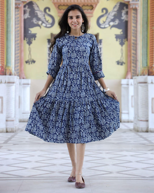 IndieHaat | Cotton One Piece Indigo Blue Frill Dress Handblock Print Ajrakh Dabu Size 38 to 46