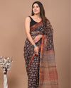 Indiehaat | Blockprinted Kota Doria Black Saree | Elegant