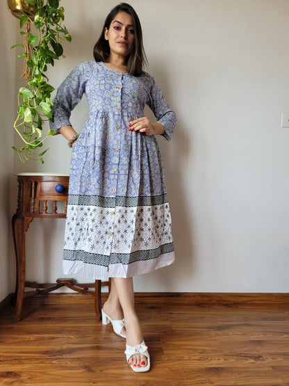 Indiehaat | Cotton Long One Piece Dress Blue-Gray Color Bagru Hand Printed Size 36 to 46