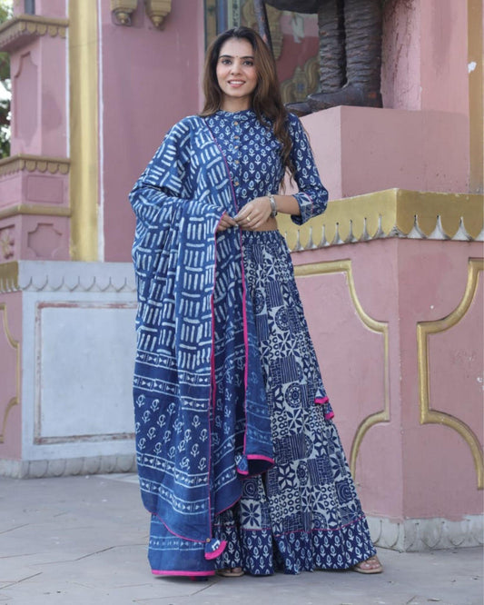 Indiehaat | Cotton Indigo Blue Lehanga And Top Handblock Print Mulmul Dupatta Ajrakh Dabu Size 34 To 46