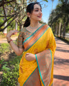 Indiehaat | Soft Silk Contrast Zari Woven Yellow Saree