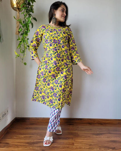 Indiehaat | Cotton Stitched Kurti Yellow Color Handblock Printed With Pant