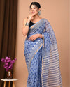 Indiehaat | Blockprinted Kota Doria Blue Saree | Elegant