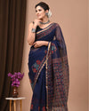 Indiehaat | Blockprinted Kota Doria Blue Saree | Elegant