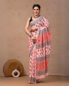 Indiehaat | Mulmul Cotton Saree Peach Color Handblock Printed with Running Blouse