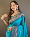 Indiehaat | Soft Silk Contrast Zari Woven Blue Saree