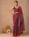 Indiehaat | Mulmul Cotton Saree burgundy Color Handblock Printed with Running Blouse