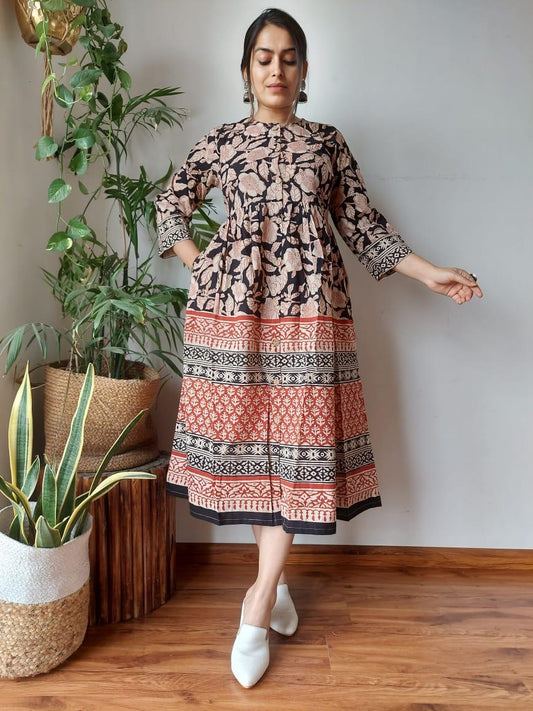 Indiehaat | Cotton Long One Piece Dress Multi Color Bagru Hand Printed Size 36 to 46