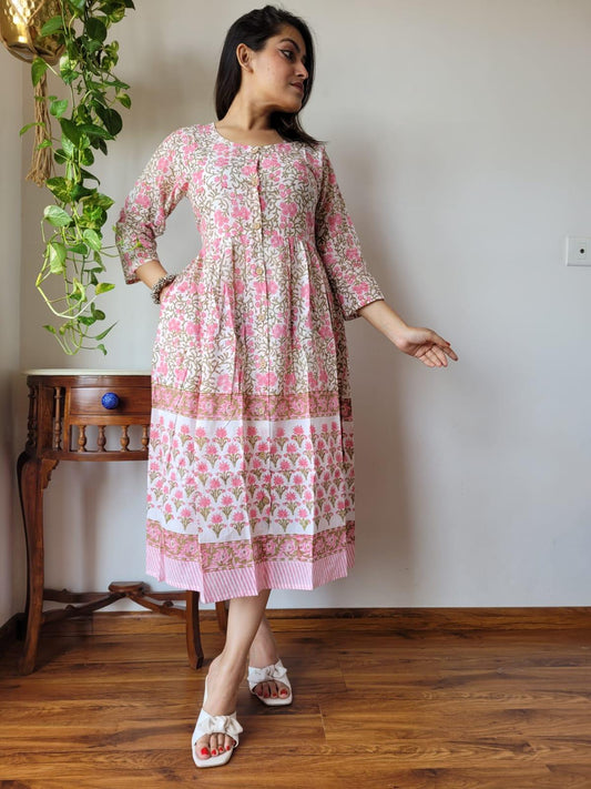 Indiehaat | Cotton Long One Piece Dress Multi Color Bagru Hand Printed Size 36 to 46