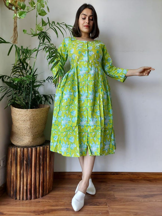 Indiehaat | Cotton Long One Piece Dress Parrot Green Color Bagru Hand Printed Size 36 to 46