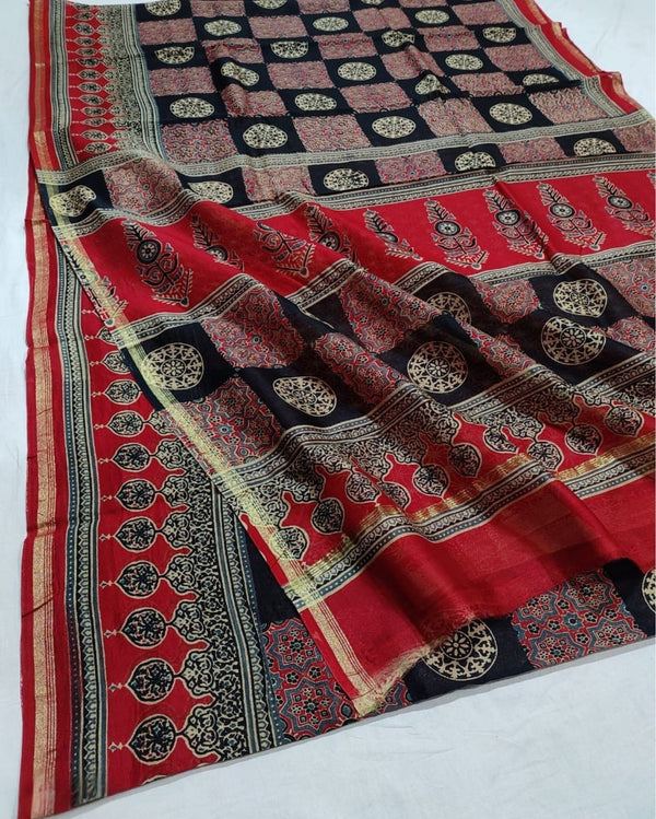 Indiehaat | Chanderi Silk Ajrakh Print Saree Red