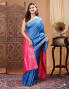 Silkmark Ghicha Tussar Ornamental Blue & Pink Saree