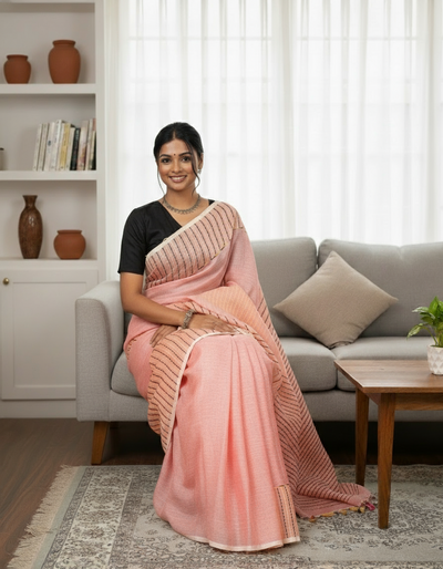 Whispering Pure Linen Kantha Work Peach Saree