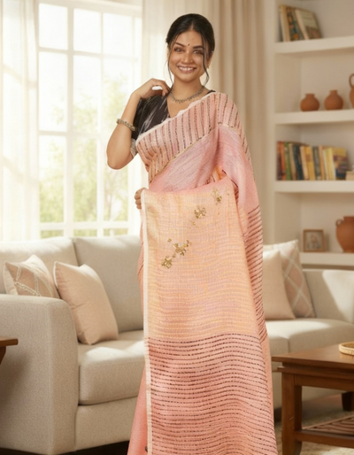 Whispering Pure Linen Kantha Work Peach Saree