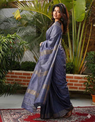 Silkmark Ghicha Tussar Thoughtful Blue Saree