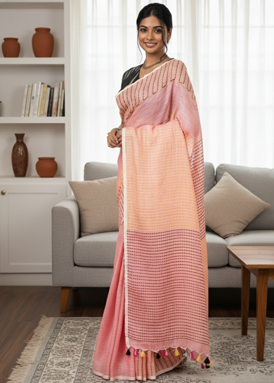 Whispering Pure Linen Kantha Work Peach Saree