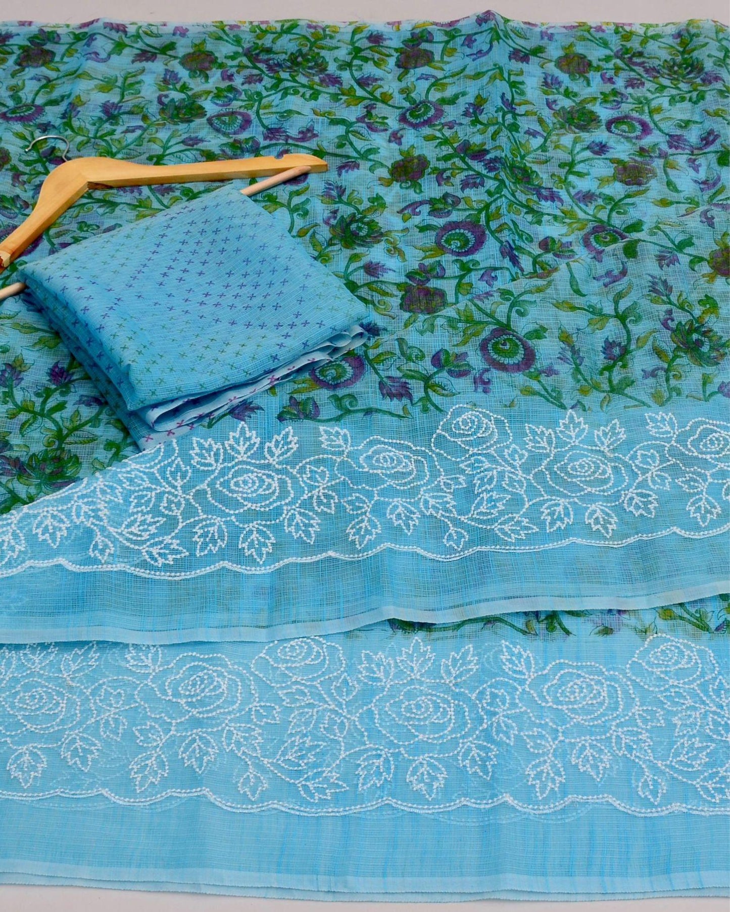 Indiehaat | Kota Doria Printed Sky Blue Saree Embroidery with Blouse Piece