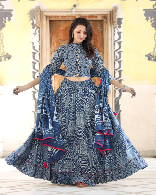 Indiehaat | Cotton Indigo Blue Lehanga And Top Handblock Print Mulmul Dupatta Ajrakh Dabu Size 34 to 46