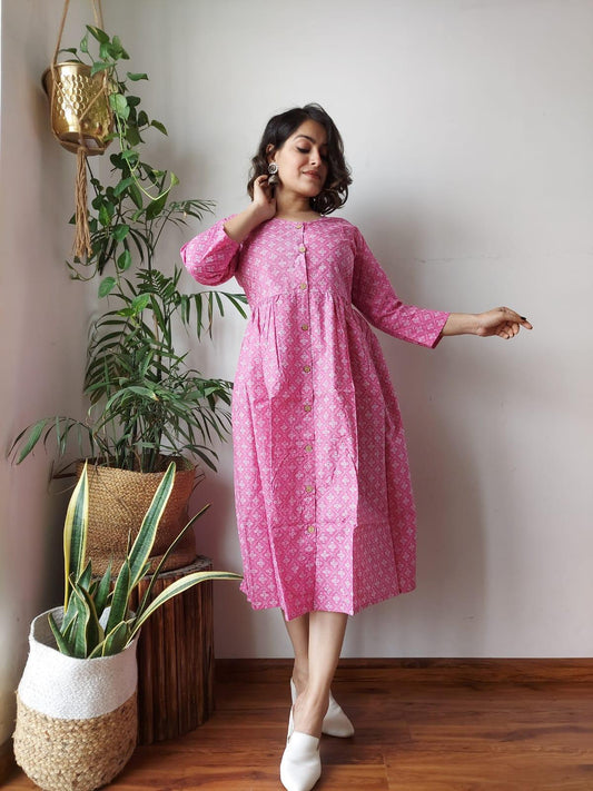 Indiehaat | Cotton Long One Piece Dress Pink Color Bagru Hand Printed Size 36 to 46