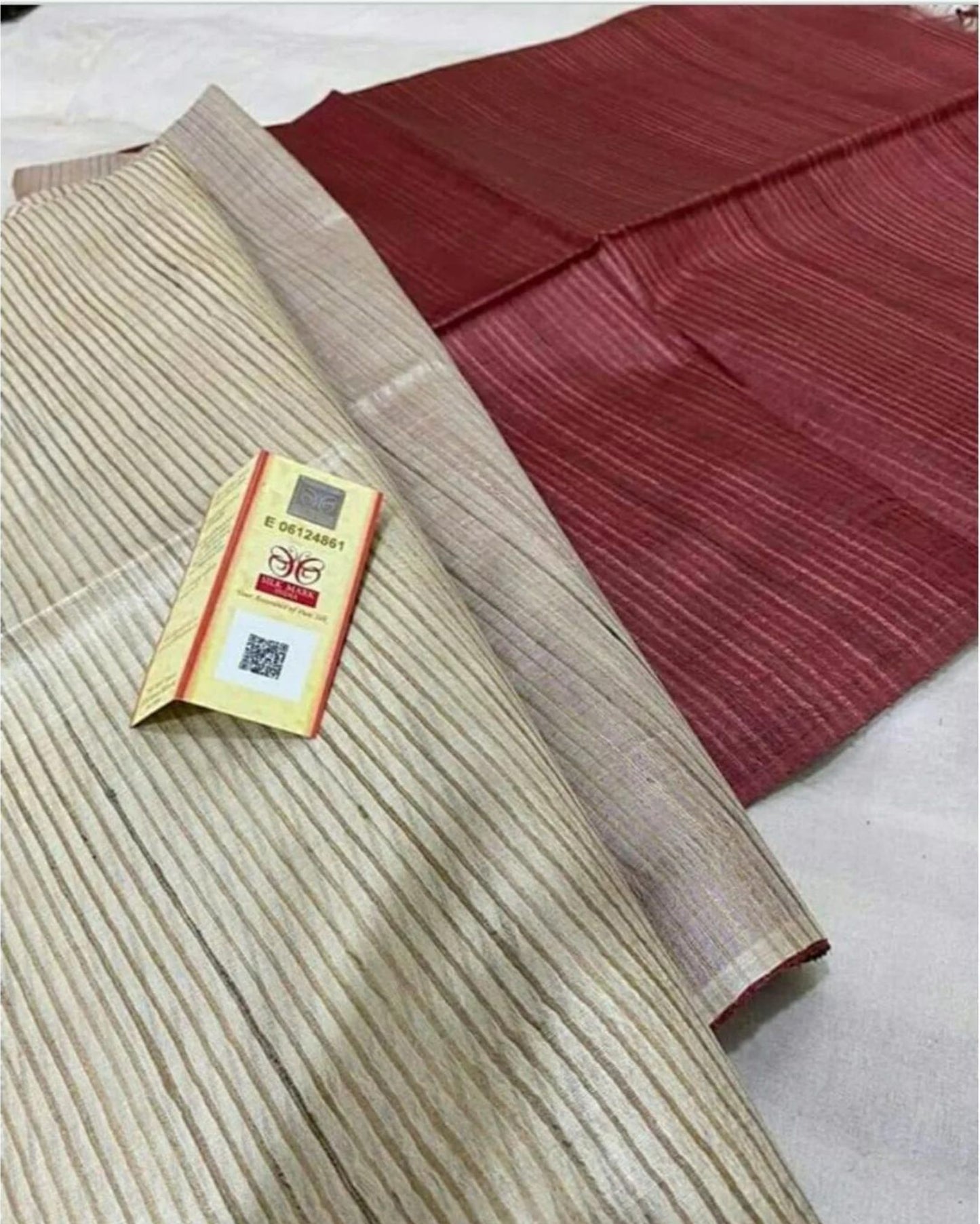 1699-Silkmark Certified Eri Silk with Gichcha Tussar Stripes Hand Dyed Biege Saree with Blouse