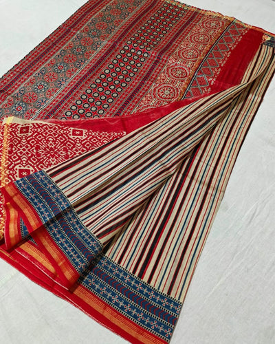 Indiehaat | Ajrakh Printed Chanderi Silk Saree Beige | Serenity in Silk