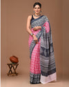 Indiehaat | Pure Mulmul Cotton Saree Indigo Color Bagru Handblock Print with Running Blouse