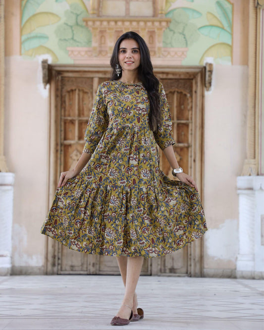 IndieHaat | Cotton One Piece Yellow Frill Dress Handblock Print Ajrakh Dabu Size 38 to 46