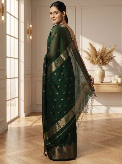 Modern Maheshwari Pure Silk Butta Body Green Saree