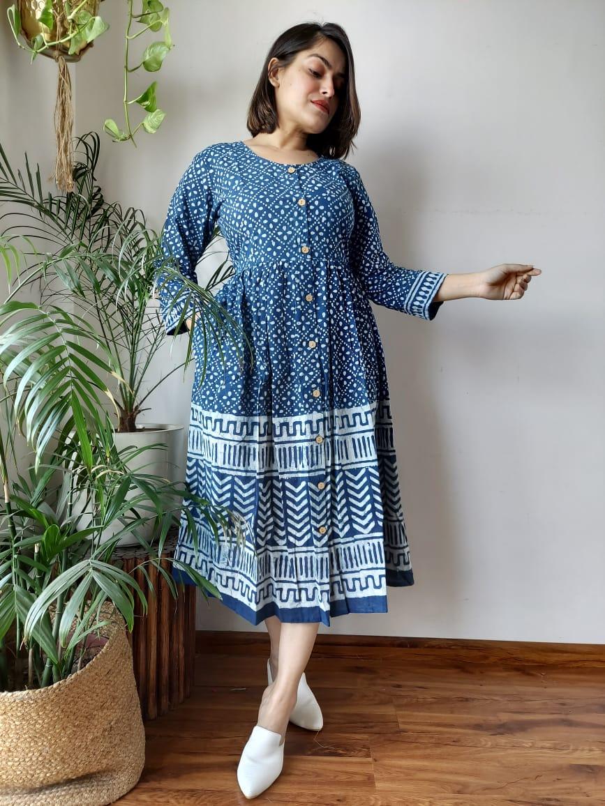 Indiehaat | Cotton Long One Piece Dress  Blue Color Bagru Hand Printed Size 36 to 46