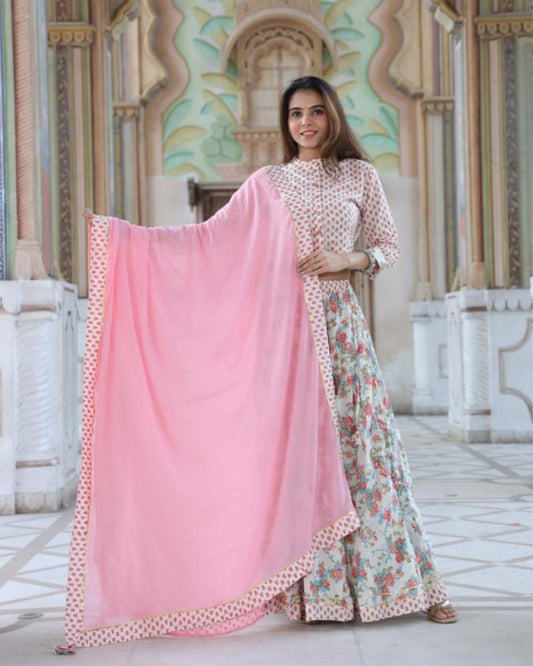 Handblock Printed Cotton Lehanga And Top With Mulmul Dupatta (Size 34-46) Pink Color-Indiehaat